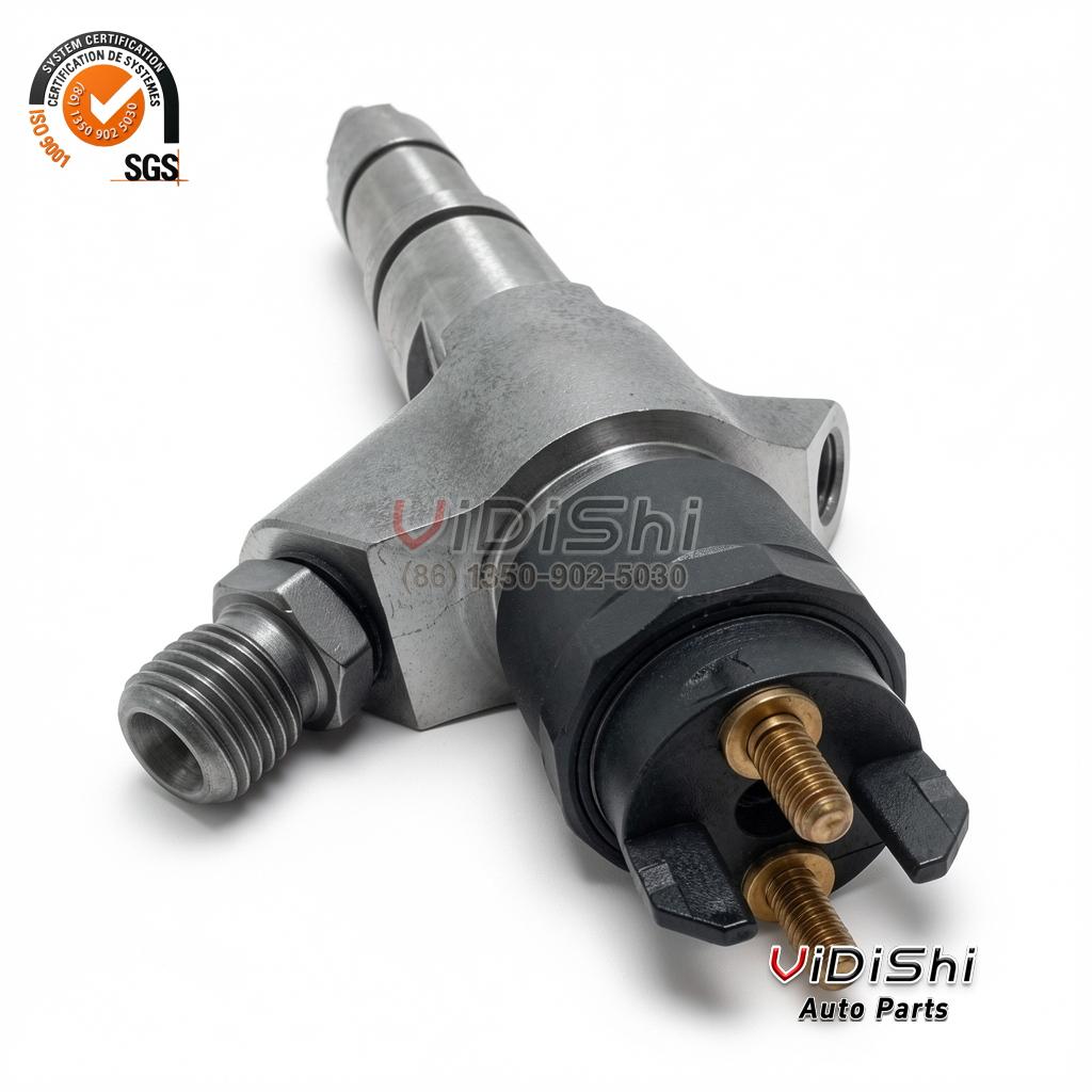 All Products 14 0445120227 injector valve end straight on, two brass terminal studs in their seats inside the moulded cap