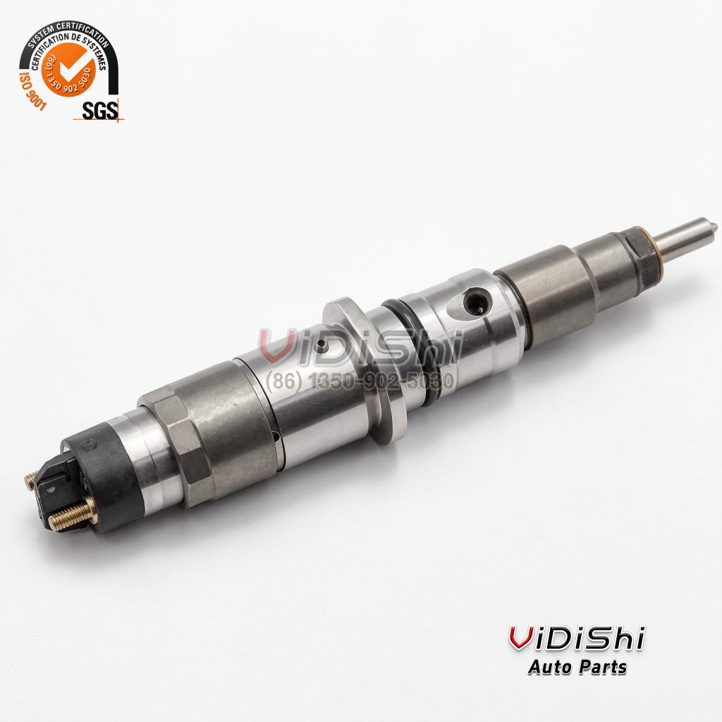A 0445120231 common rail injector lying at an angle with its black solenoid cap in view