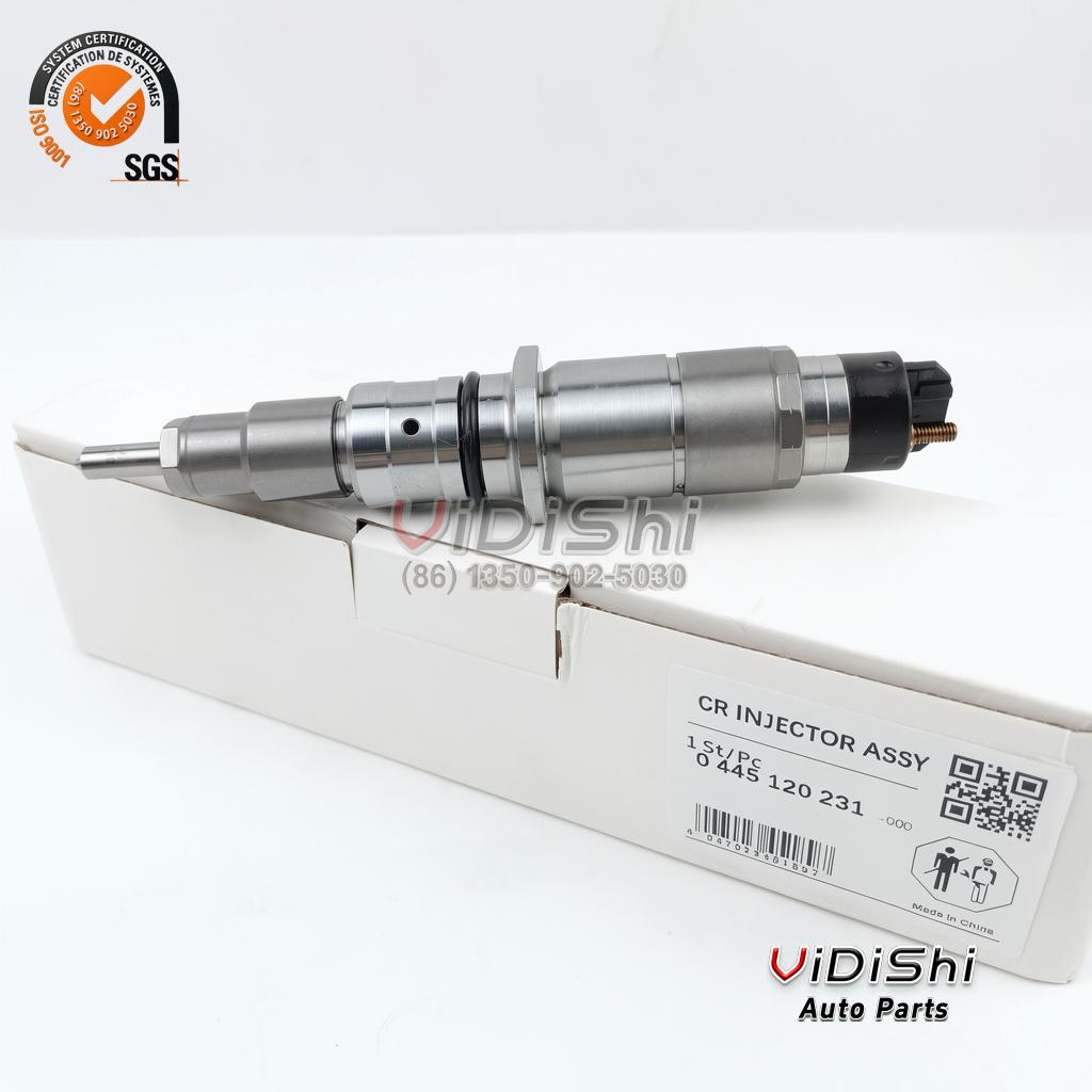 0445120231 CRIN2 Common Rail Injector for Komatsu PC200 and Cummins 3 A 0445120231 injector resting on its box with 0 445 120 231 printed on the label