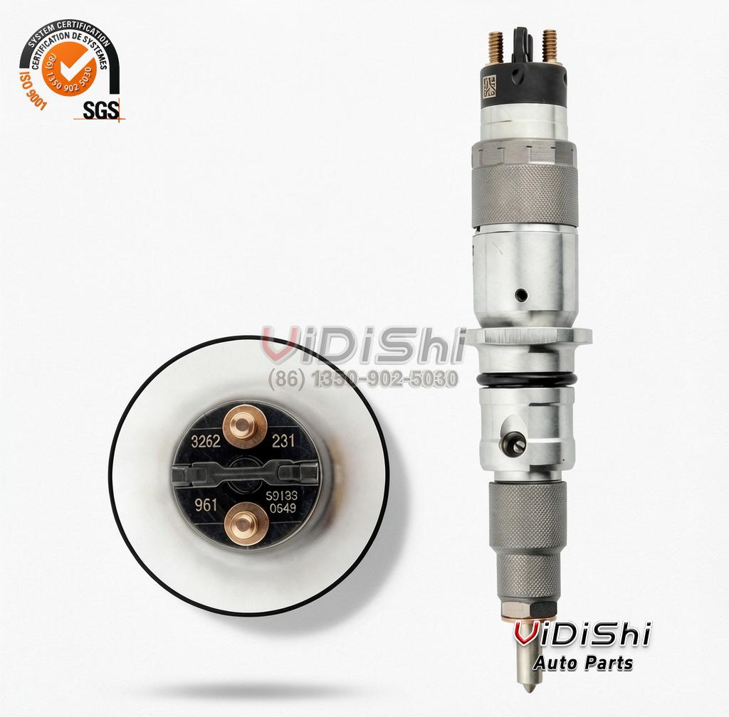 0445120231 CRIN2 Common Rail Injector for Komatsu PC200 and Cummins 4 A 0445120231 injector standing upright beside a magnified view of its cap face