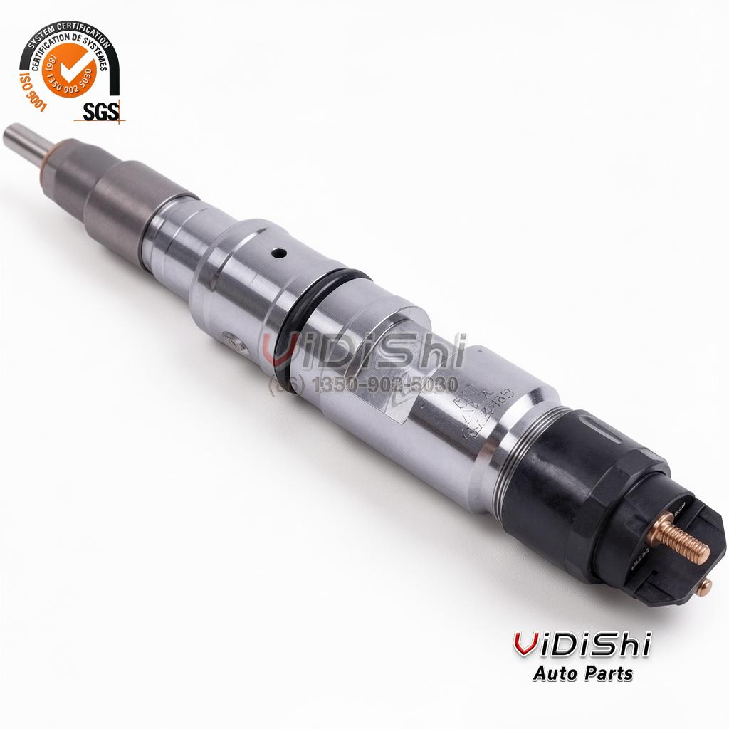A 0445120246 common rail injector lying at an angle with its black solenoid cap in view