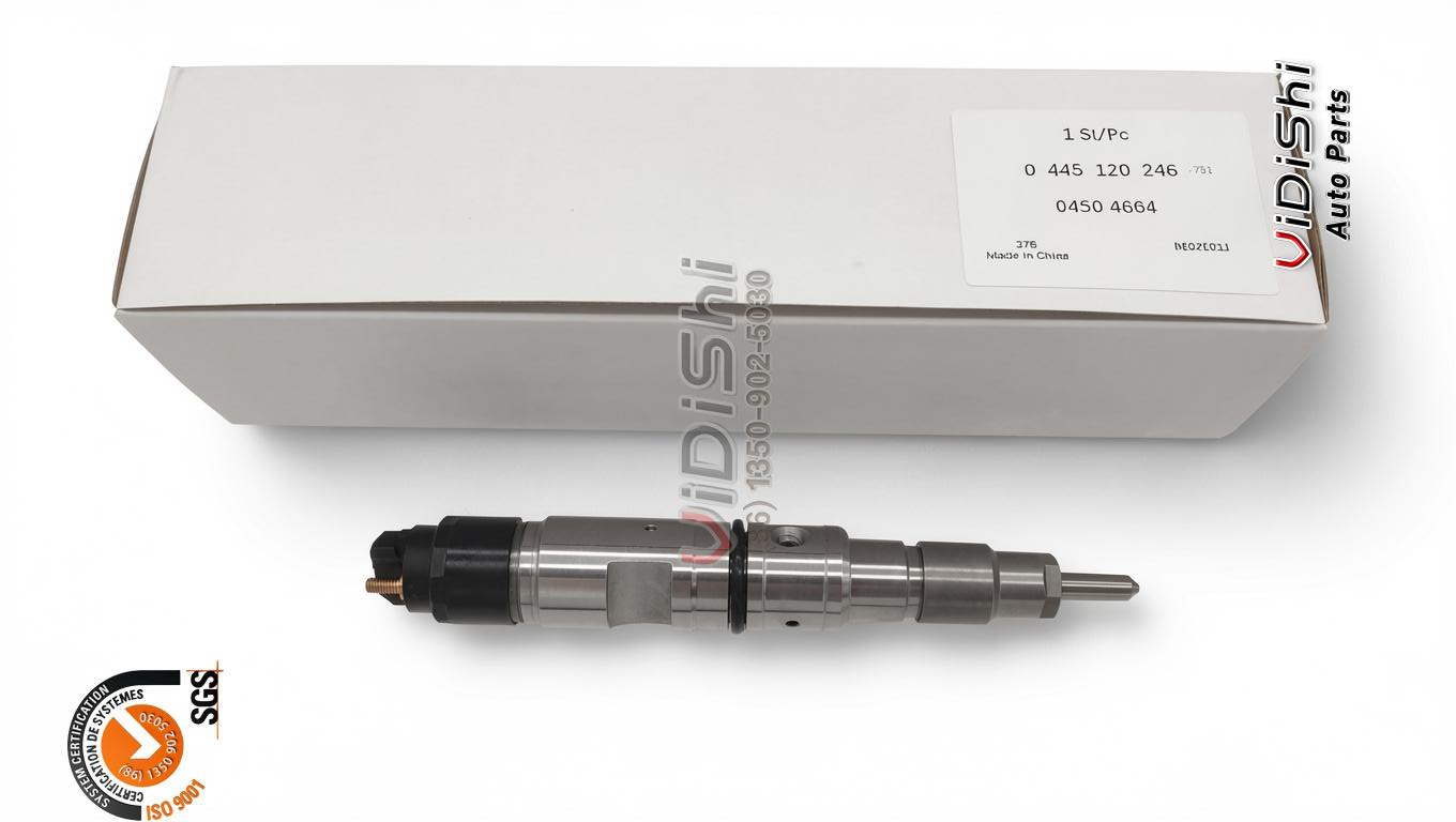 0445120246 CRIN2 Common Rail Injector for Deutz Volvo and Fendt 3 A 0445120246 injector beside its box label showing 0 445 120 246 and 0450 4664
