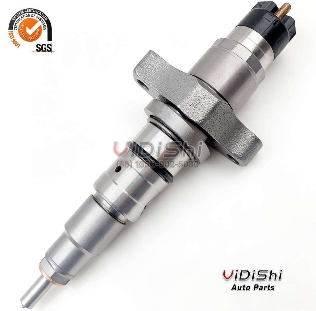 0445120280 injector standing at an angle in its mounting clamp