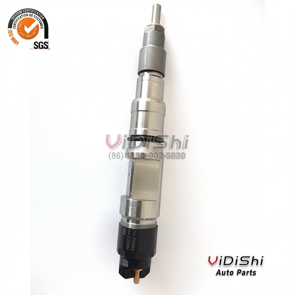 All Products 7 A 0445120296 injector photographed upright from the nozzle end with an etched production code on the body