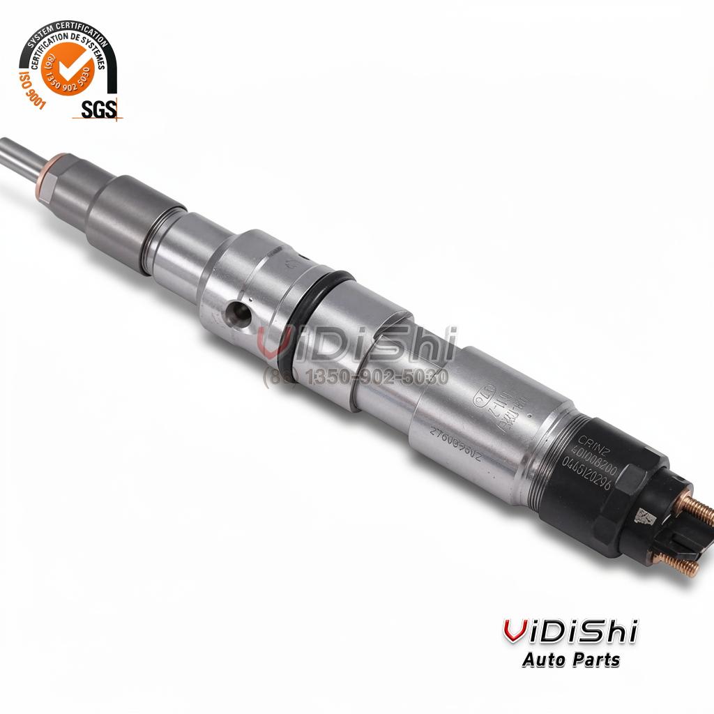 0445120296 Common Rail Injector CRIN3 for Mercedes Actros 2 Close view of a 0445120296 injector with CRIN3 and 0445120296 etched on the black solenoid cap