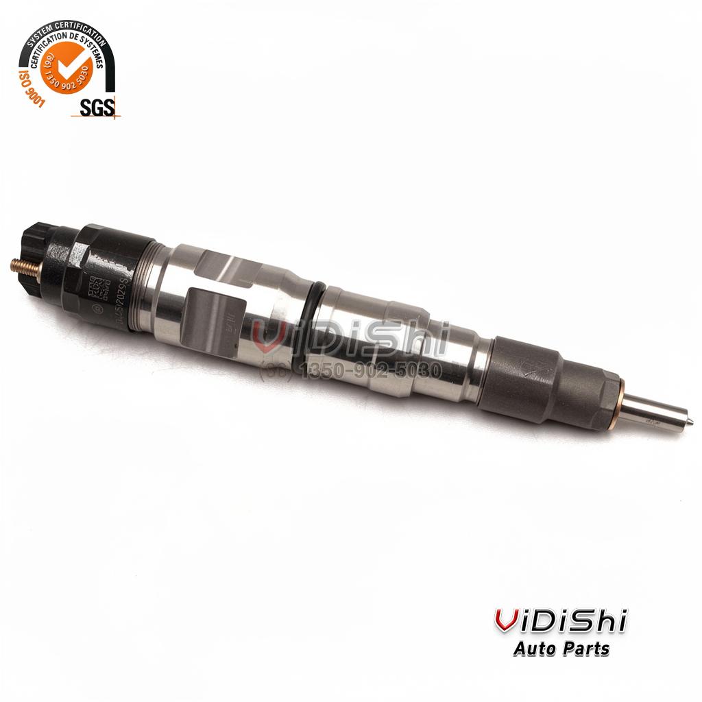 0445120296 Common Rail Injector CRIN3 for Mercedes Actros 3 A 0445120296 injector laid flat with the number 0 445 120 296 and a data matrix code on the cap