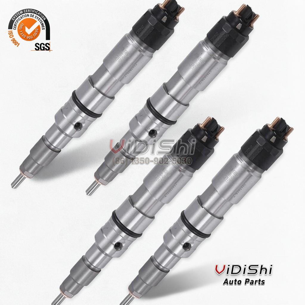 0445120296 Common Rail Injector CRIN3 for Mercedes Actros 5 Four 0445120296 common rail injectors arranged in a staggered group on a white background