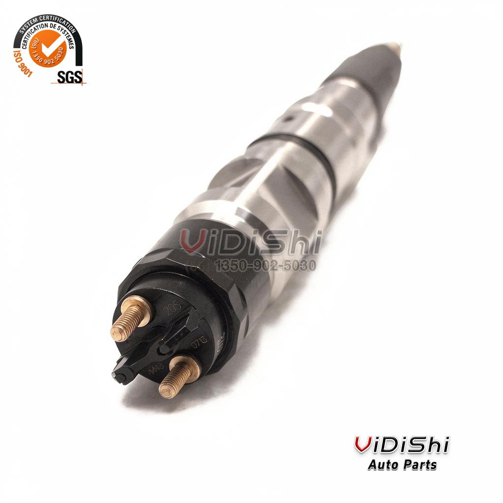 0445120296 Common Rail Injector CRIN3 for Mercedes Actros 6 The terminal face of a 0445120296 injector with two brass studs and etched production codes in view