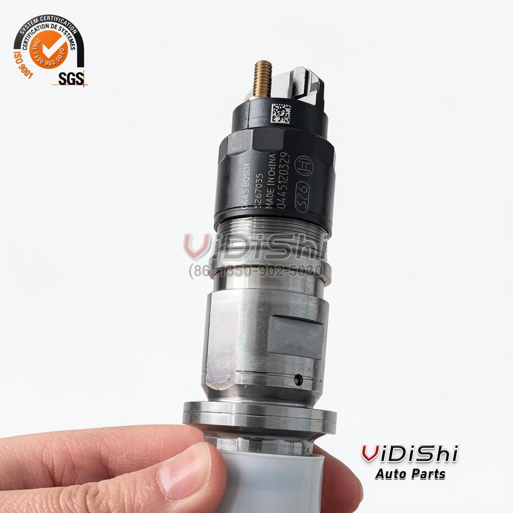 0445120329 common rail injector (Bosch 0 445 120 329 reference) — complete unit, three-quarter view