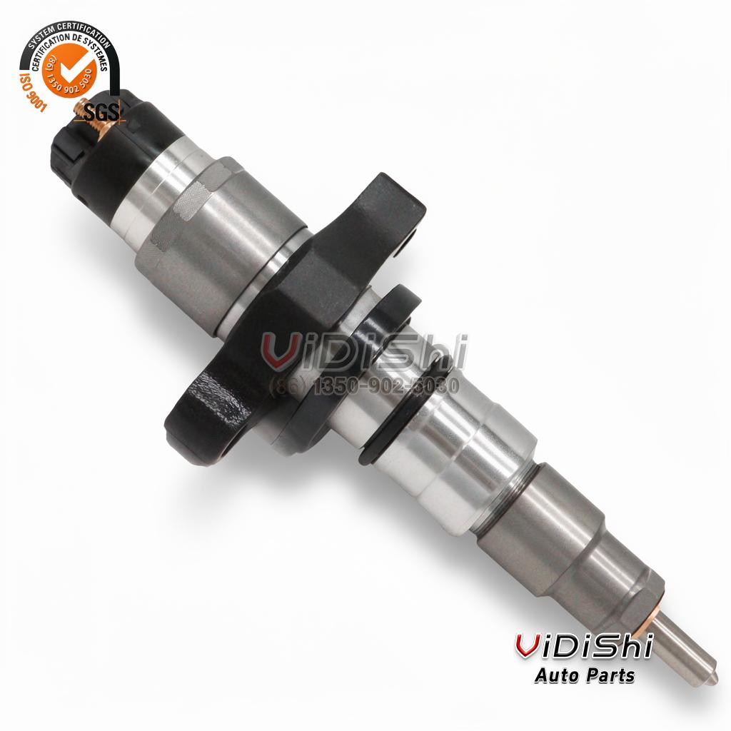 A 0445120345 injector laid flat showing its black cast mounting clamp flange