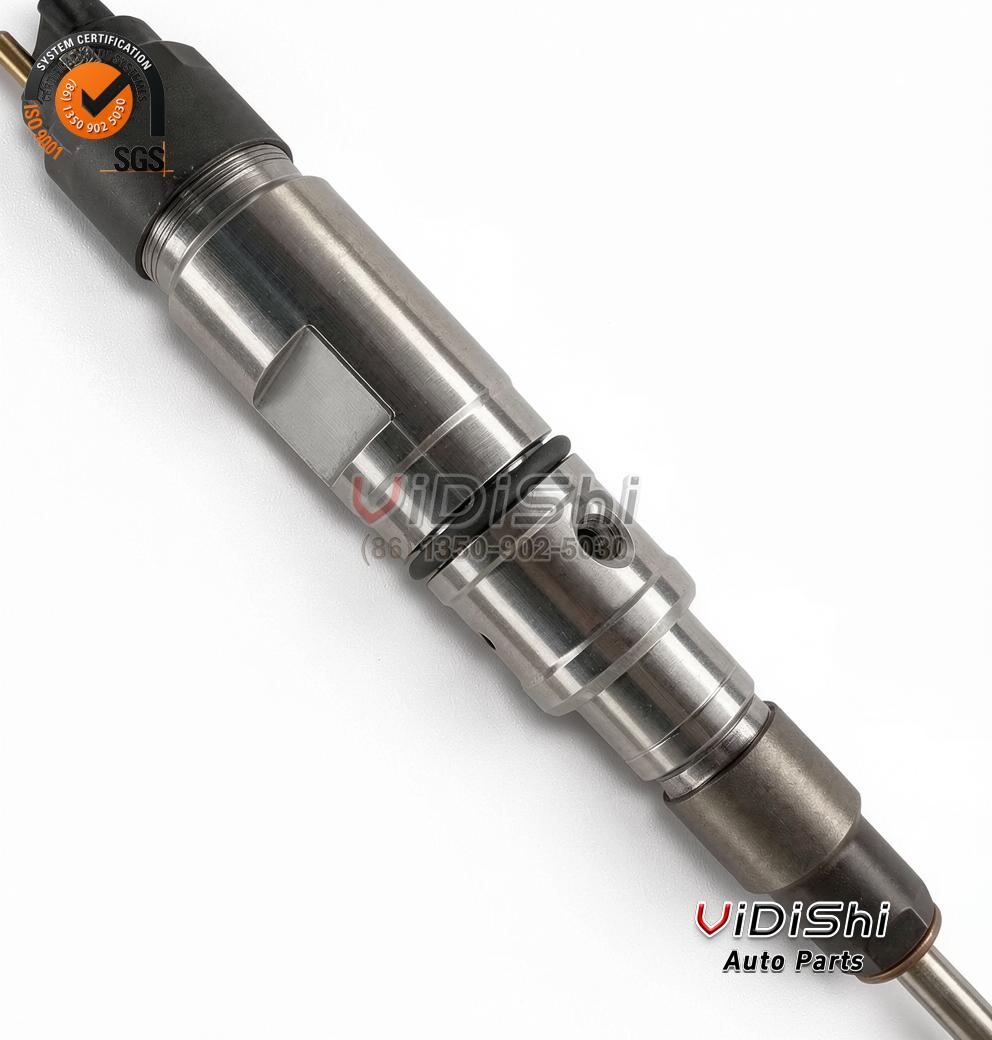 Close angled view of a 0445120345 injector with its O-rings and copper washer in view