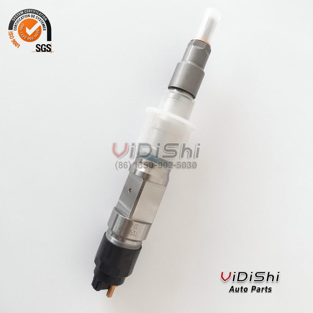 A 0445120363 common rail injector shown at a three-quarter angle with the black solenoid cap in view