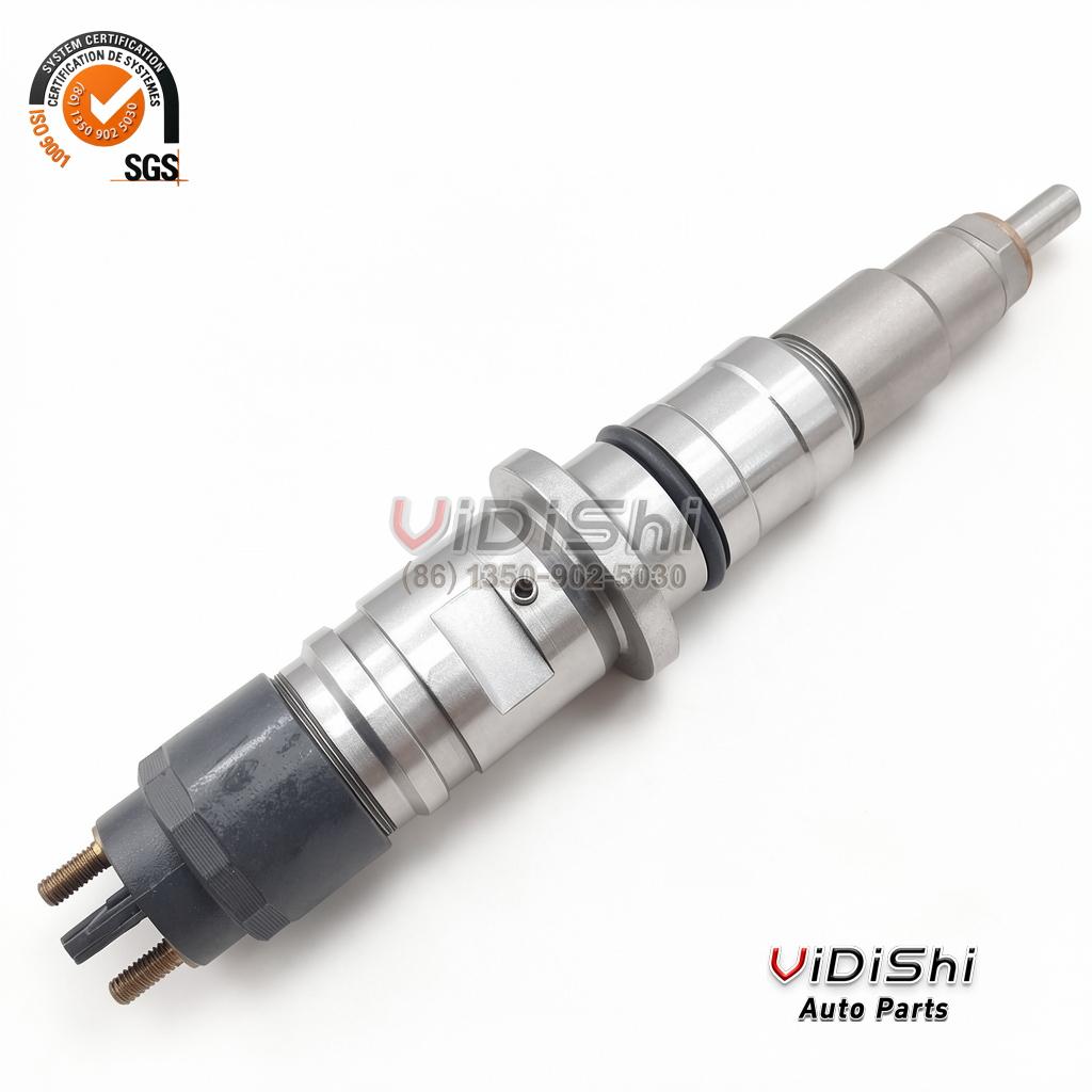 0445120363 Common Rail Injector CRIN2 for Deutz 5 A 0445120363 injector shown at an angle with the inlet fitting and the two brass terminal studs