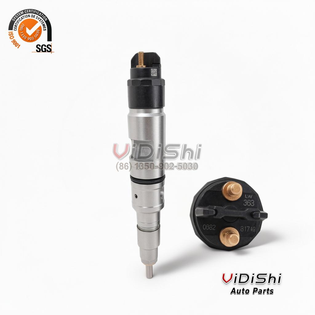 All Products 9 A 0445120363 injector next to its detached terminal face with two brass studs