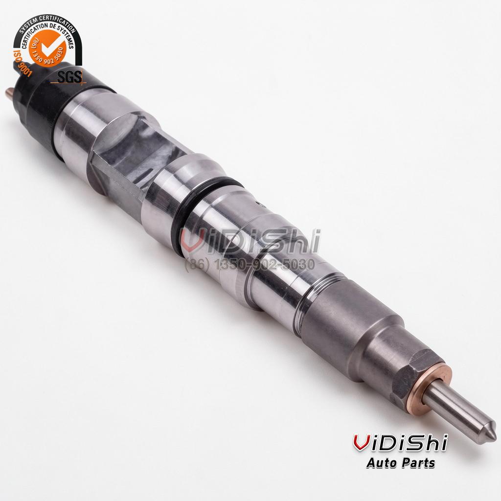 A 0445120364 common rail injector shown at an angle with the black solenoid cap and nozzle end in view