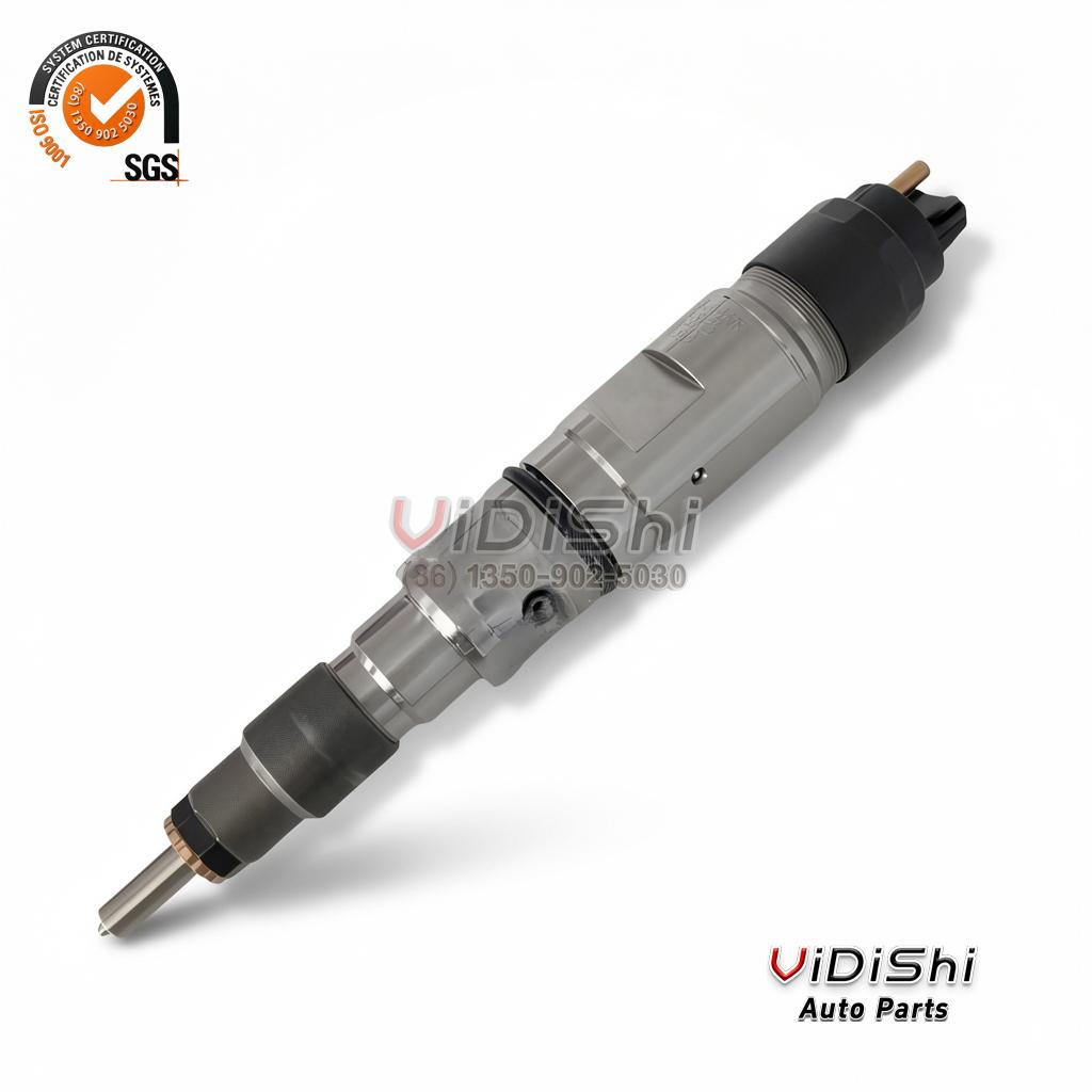 0445120364 Common Rail Injector CRIN2 for Renault 5 A 0445120364 injector shown at an angle with the body casting and inlet fitting visible
