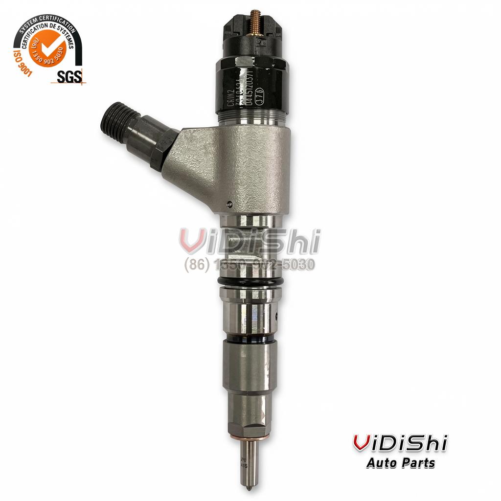 0445120371 CRIN2 Injector for Caterpillar C7.1 Replacement 2 0445120371 complete common rail injector standing upright, nozzle end down