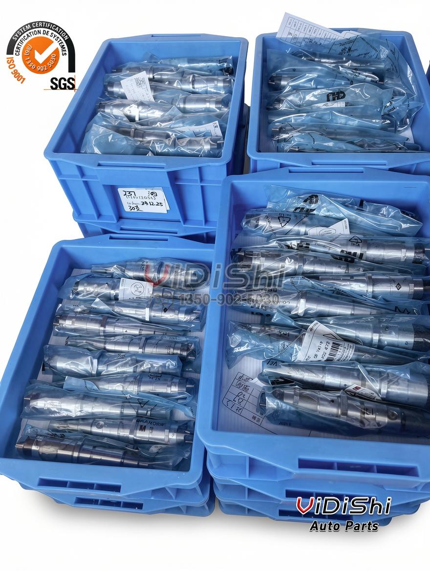 0445120373 Common Rail Injector CRIN2 for Weichai WP10 WP12 6 Blue crates holding a bulk stock of 0445120373 injectors packed in bags