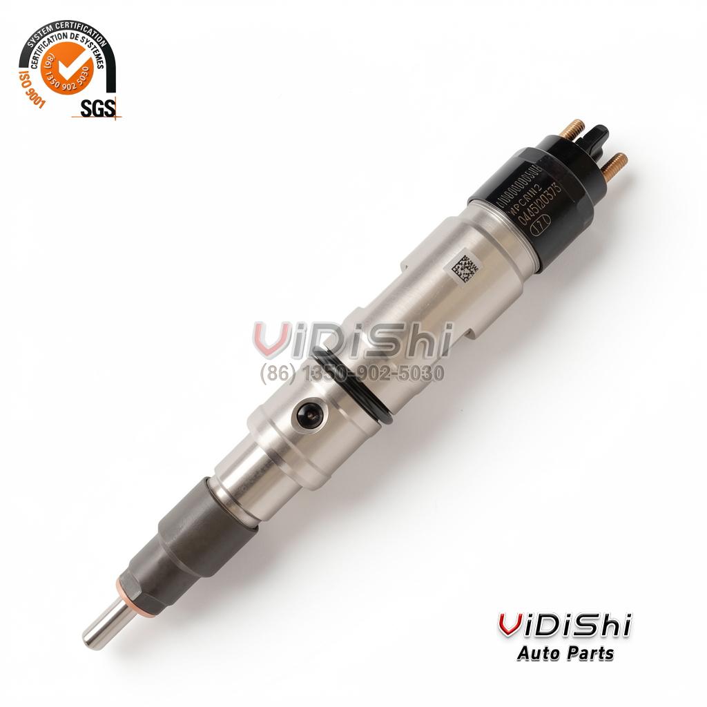 All Products 10 Angled view of a 0445120373 injector showing the etched number, QR code and casting marks