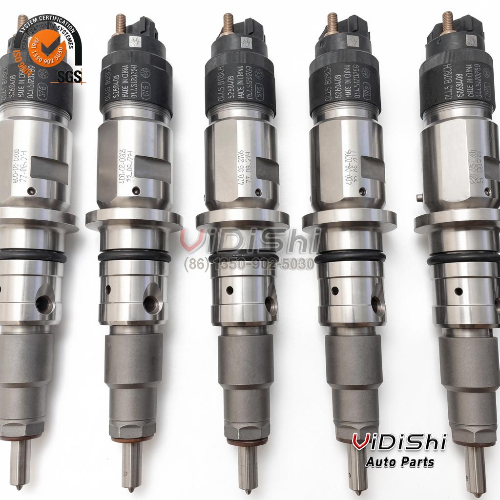 0445120377 CRIN Injector for Bosch, Cummins 5307809 6 Five 0445120377 common rail injectors standing upright in one batch row