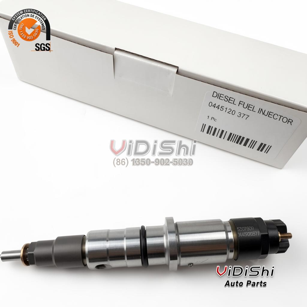 0445120377 CRIN Injector for Bosch, Cummins 5307809 2 0445120377 injector in its wholesale carton with a 1 pc label and barcode