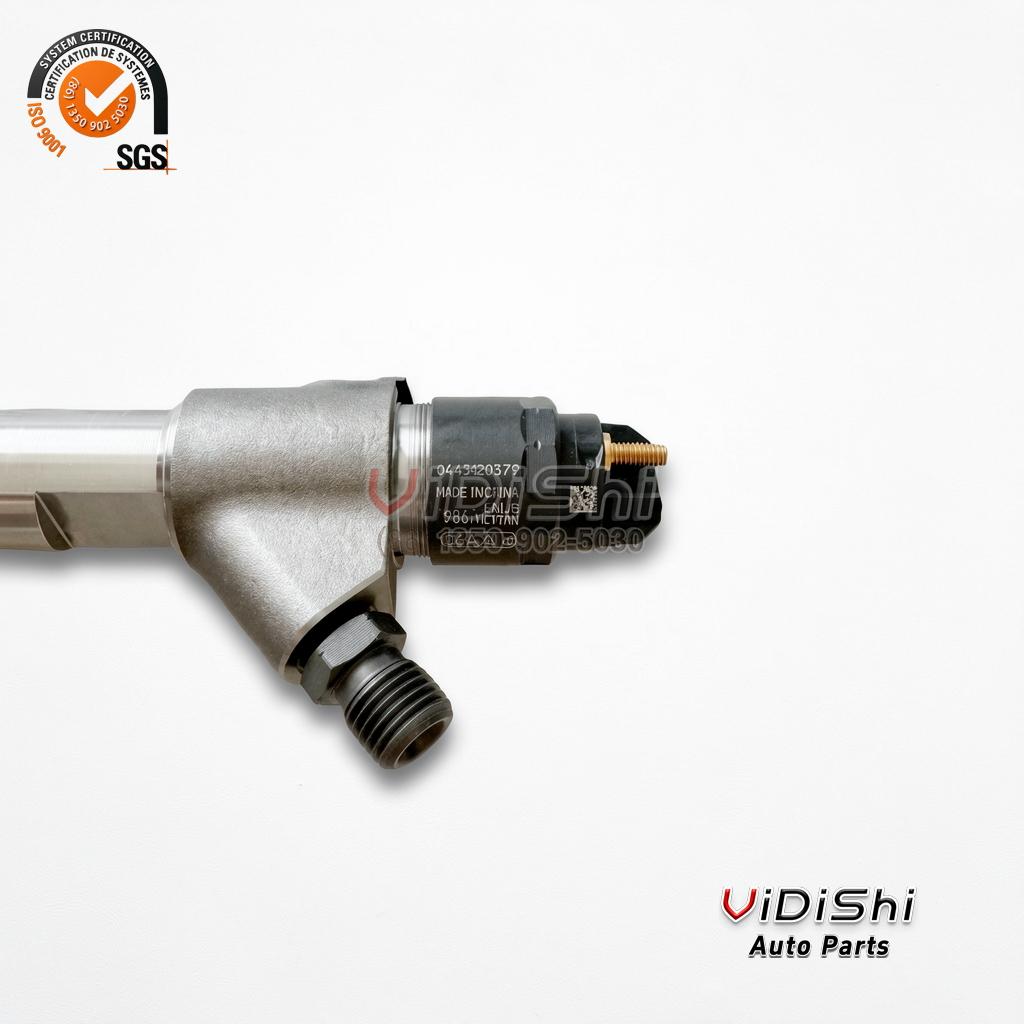 All Products 8 A 0445120379 injector photographed at an angle with production markings visible on the body