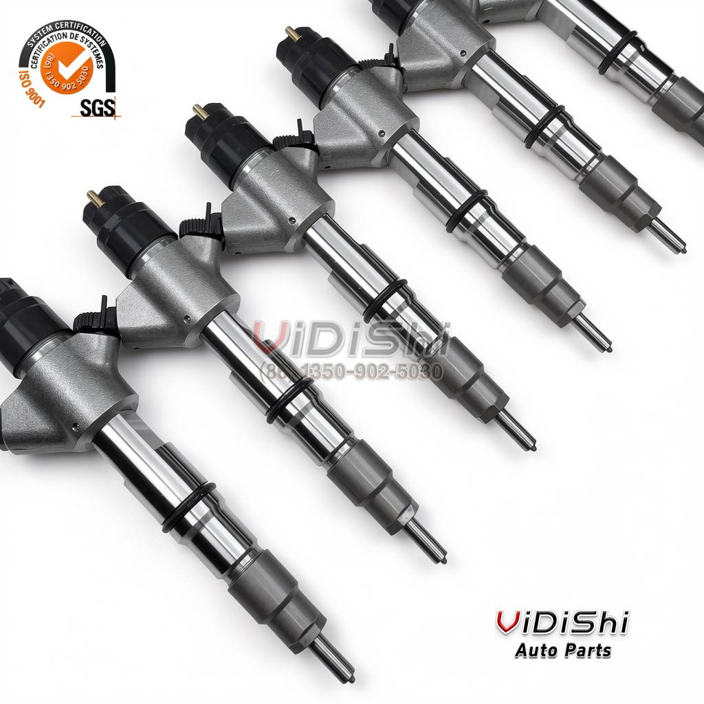 A 0445120379 common rail injector shown at a three-quarter angle with the black solenoid cap in view