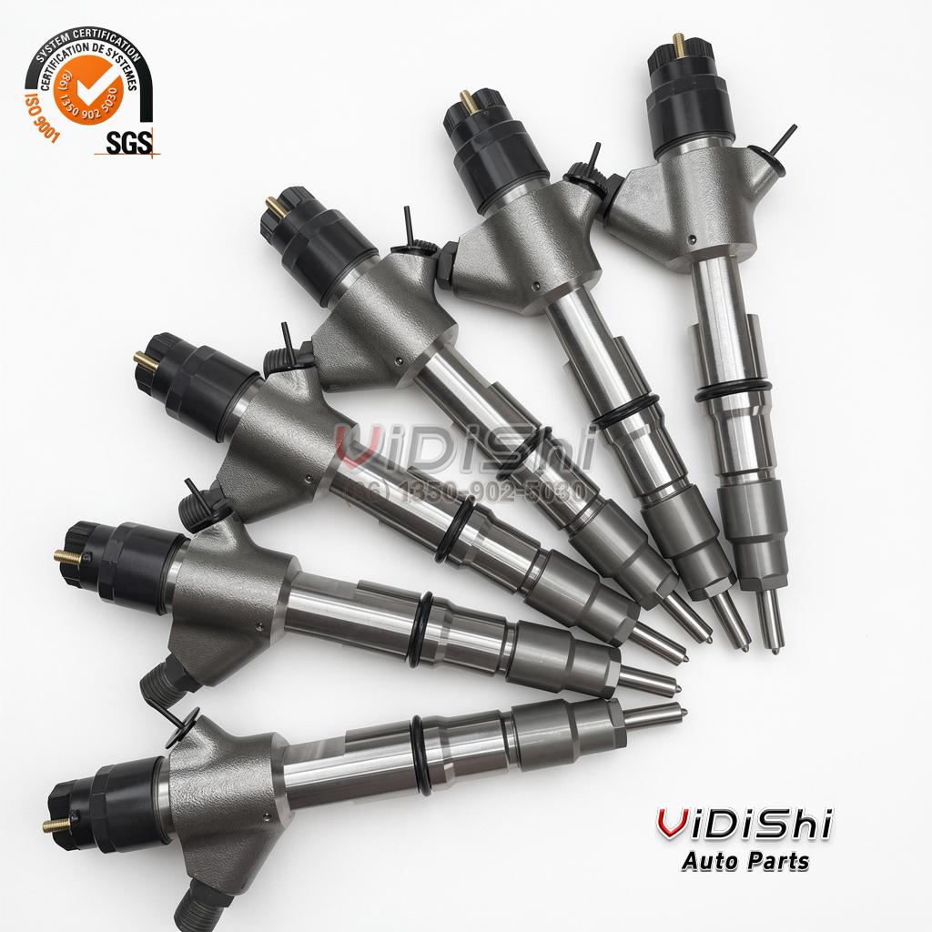 All Products 10 A 0445120379 injector shown whole from the solenoid cap to the nozzle tip on a white background