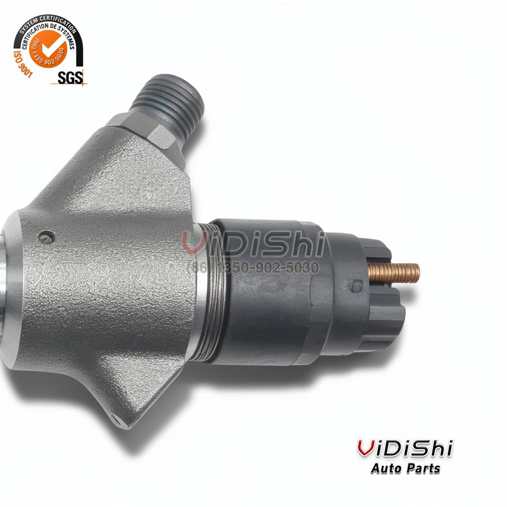 0445120379 Common Rail Injector CRIN2 for Yuchai 3 A 0445120379 injector laid at an angle with the spaced Bosch number 0 445 120 379 etched on the black cap