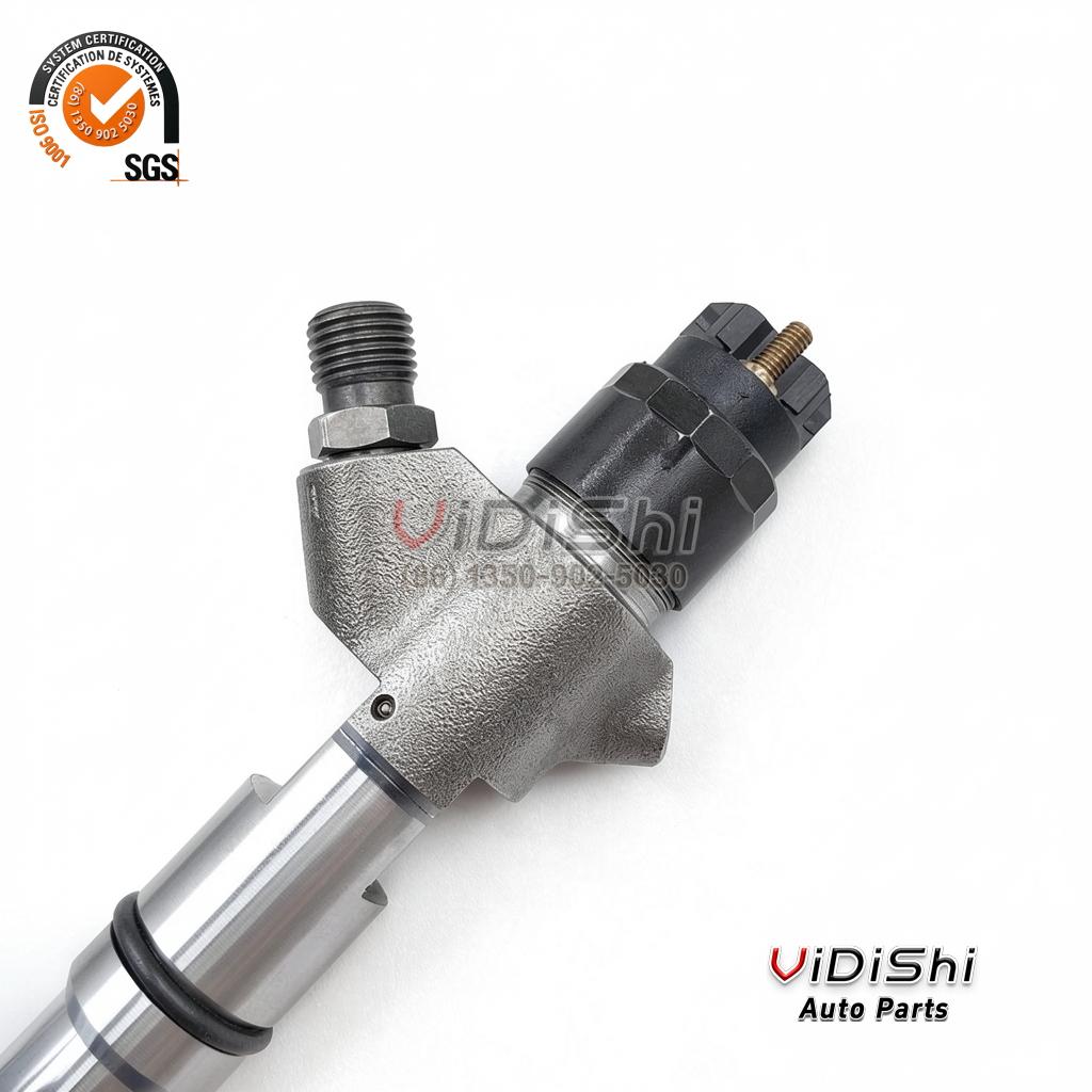 0445120380 CRIN2 Injector for Yuchai J2000 Replacement 6 0445120380 injector body angled close up, cast steel body and solenoid