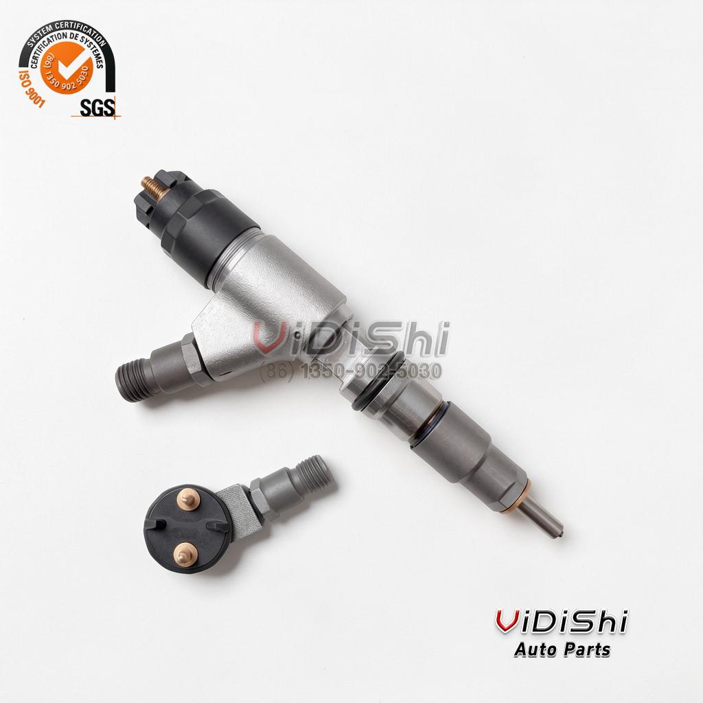A 0445120382 common rail injector shown at a three-quarter angle with the black solenoid cap in view