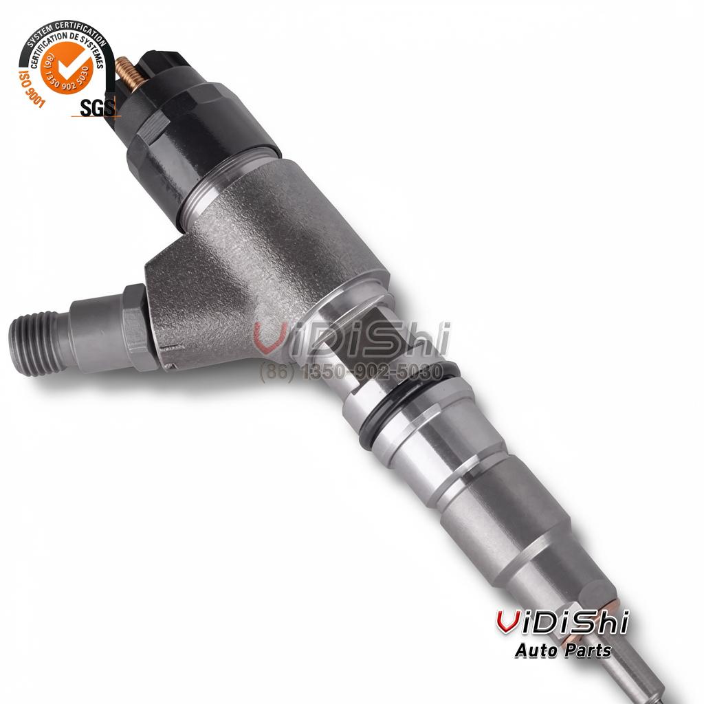 0445120382 Common Rail Injector CRIN2 for Perkins 3 A 0445120382 injector laid at an angle with the spaced Bosch number 0 445 120 382 etched on the black cap