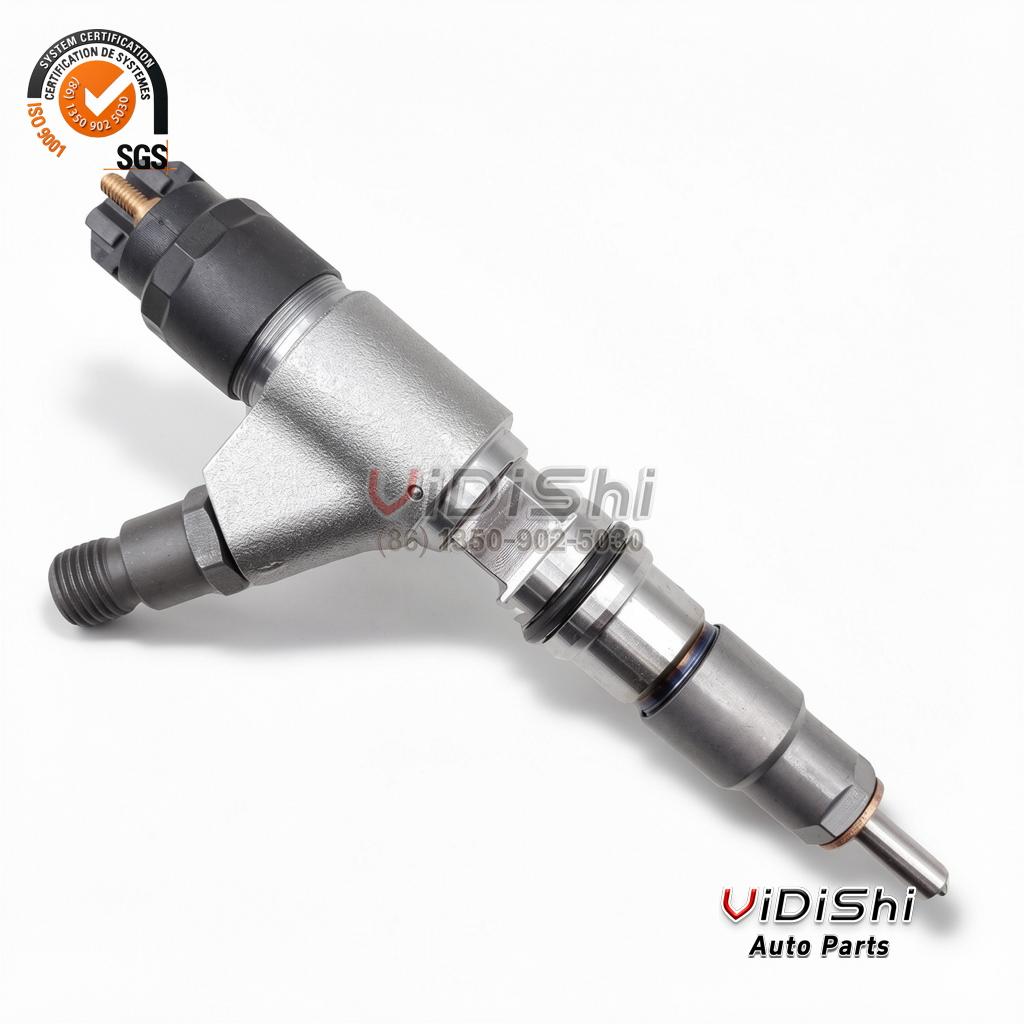 0445120382 Common Rail Injector CRIN2 for Perkins 5 Side view of a 0445120382 injector showing the solenoid cap and the high-pressure inlet fitting