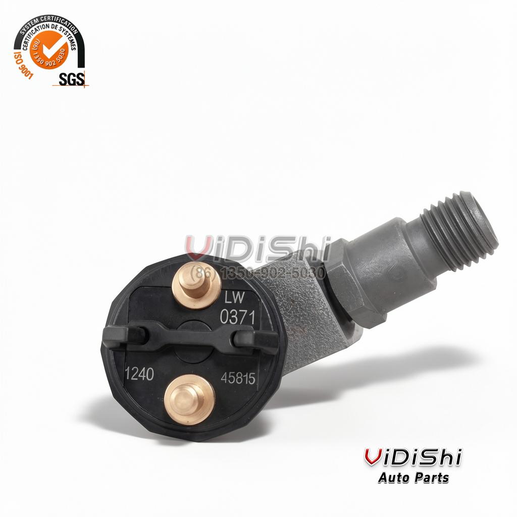 0445120382 Common Rail Injector CRIN2 for Perkins 4 Upright profile of a 0445120382 injector with the nozzle end at the top and the cap at the bottom