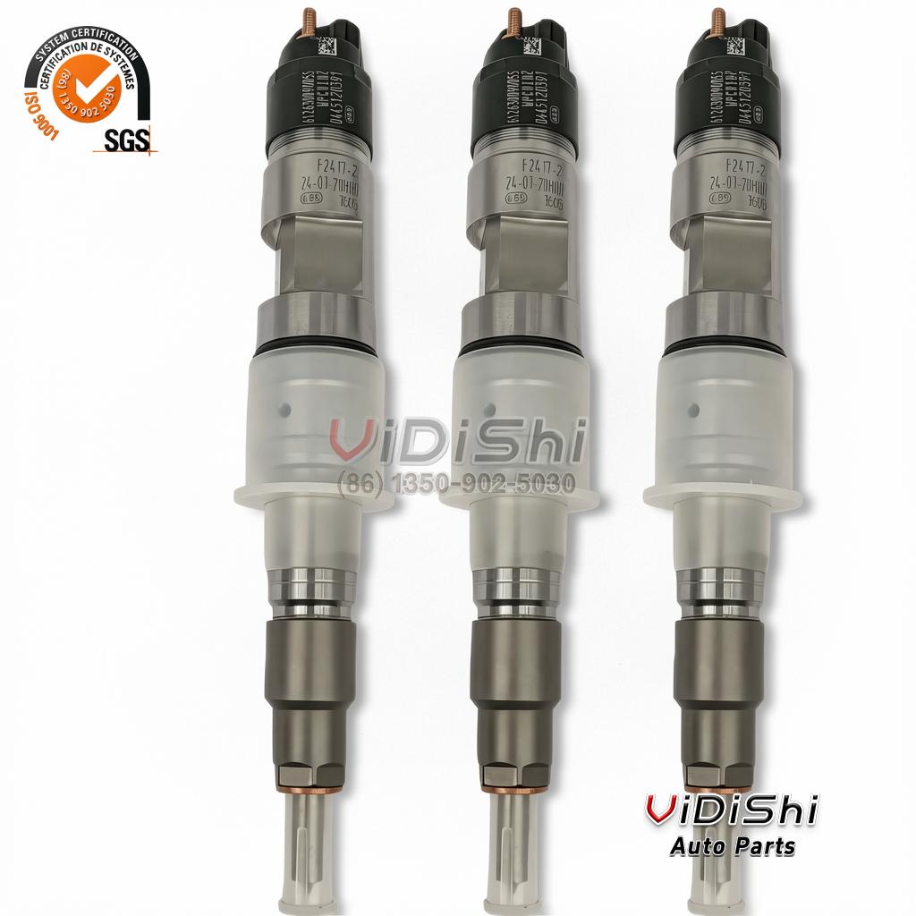 0445120391 common rail injector (Bosch CRIN2-16 reference) — three units standing upright