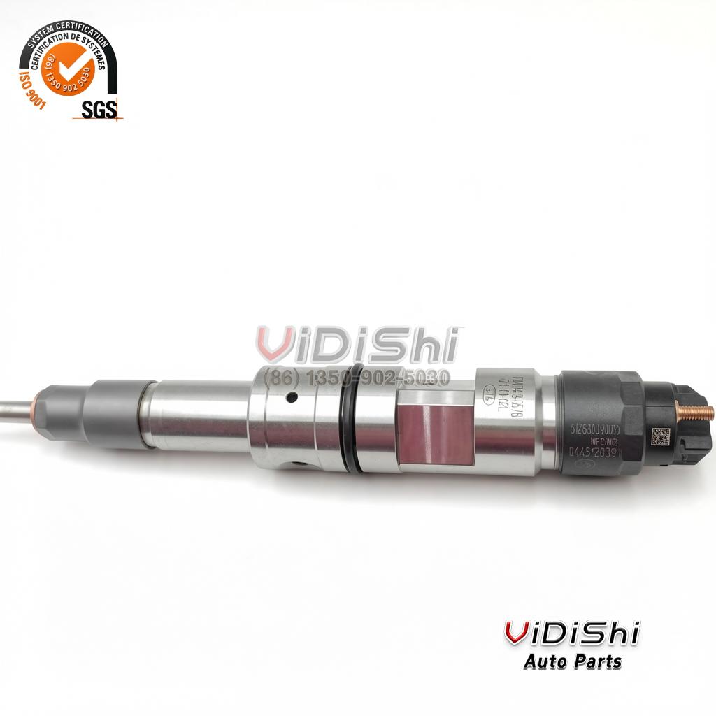 0445120391 CRIN2 Injector Replacement for Bosch, Weichai 612630090055 13 0445120391 common rail injector (Bosch CRIN2-16 reference) — horizontal view with the etched 0445120391 body marking