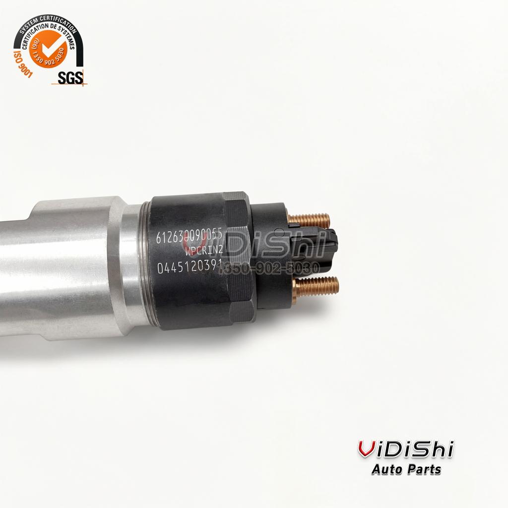 0445120391 CRIN2 Injector Replacement for Bosch, Weichai 612630090055 5 0445120391 common rail injector (Bosch CRIN2-16 reference) — actuator close-up etched 612630090055 / WPCRIN2 / 0445120391