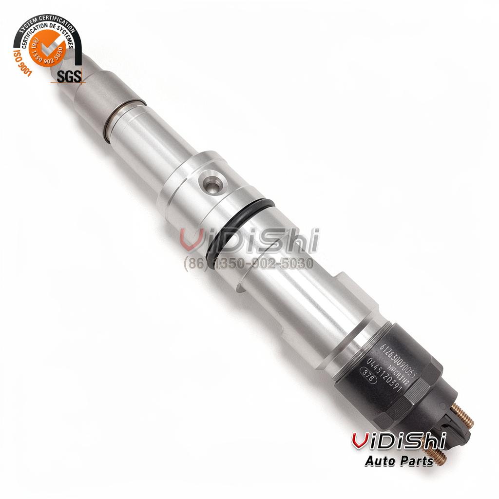 0445120391 CRIN2 Injector Replacement for Bosch, Weichai 612630090055 9 0445120391 common rail injector (Bosch CRIN2-16 reference) — angled body view showing the side port