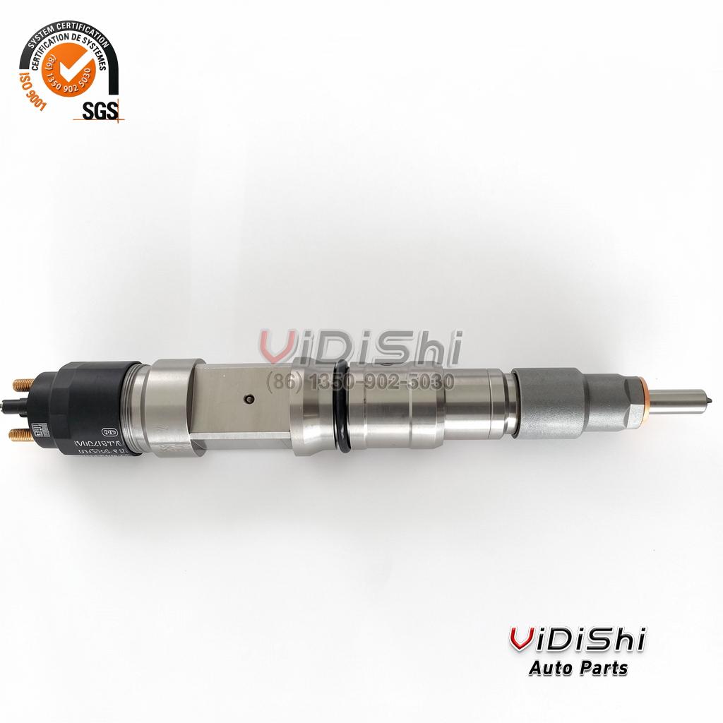 0445120392 injector laid in full side profile, nozzle end to solenoid end