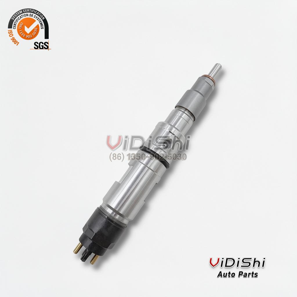 A 0445120486 common rail injector shown on a diagonal from end to end