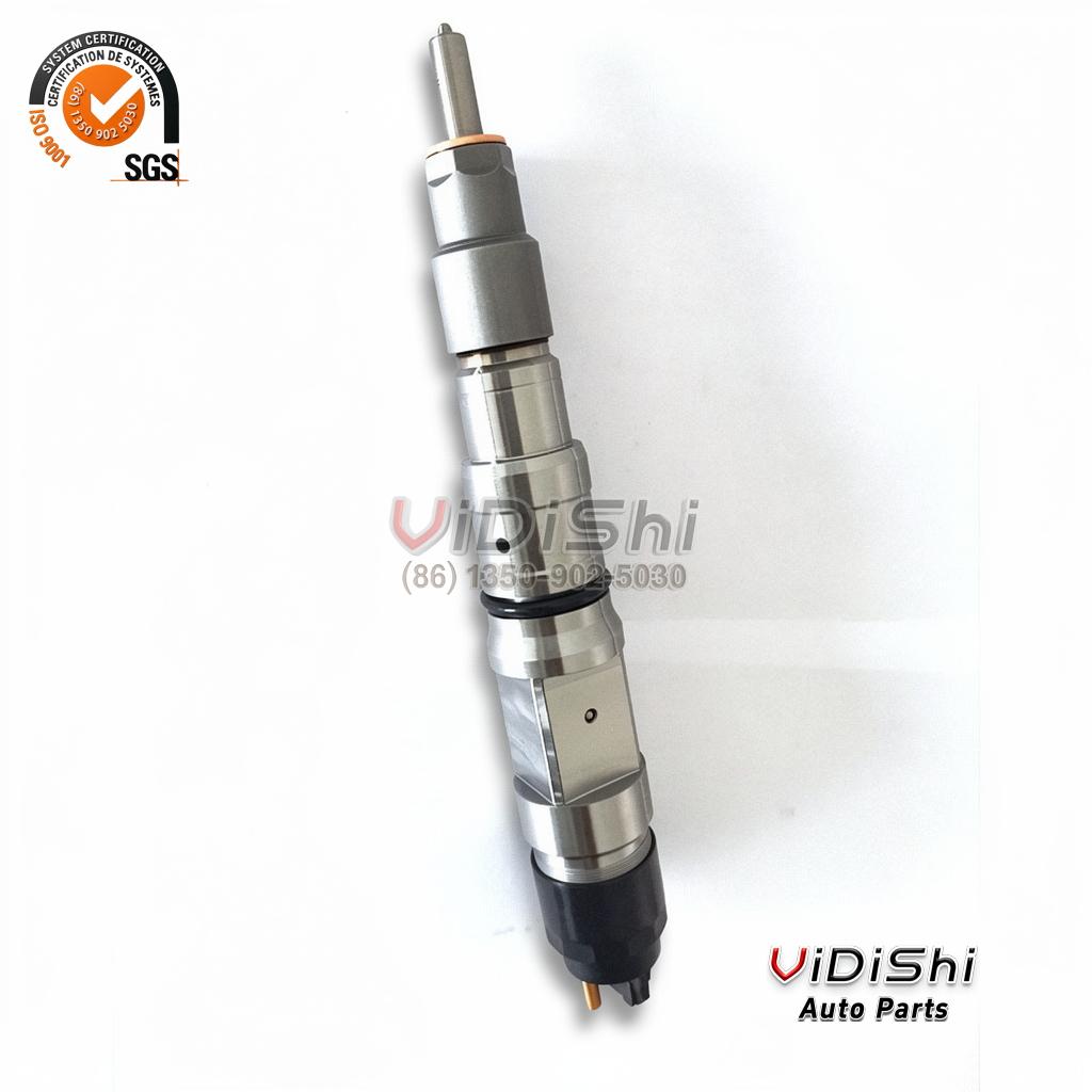 A 0445120486 injector angled with the nozzle end raised above the body