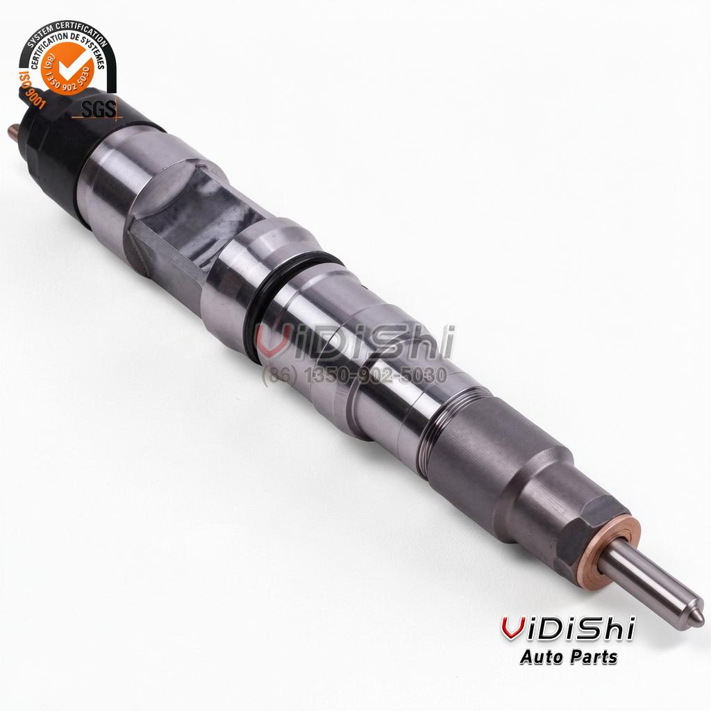 0445120538 common rail injector, complete unit at a diagonal with the copper washer and tip