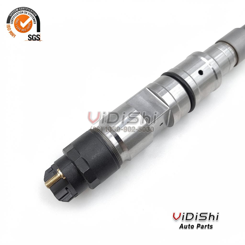 0445120538 Common Rail Injector for Mercedes Actros 2 0445120538 injector at an angle, valve end and brass terminal towards the lower left