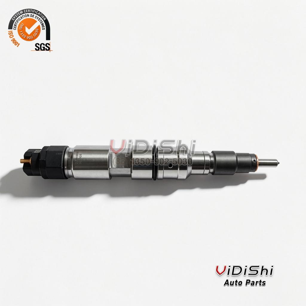 0445120538 Common Rail Injector for Mercedes Actros 4 0445120538 injector side elevation, full length laid horizontally on a plain ground