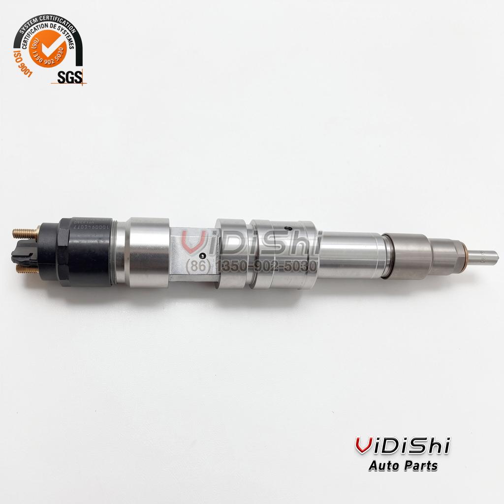 0445120562 CRIN2 Injector for Weichai WP12 Replacement 3 0445120562 injector lying flat in full side profile tip to connector