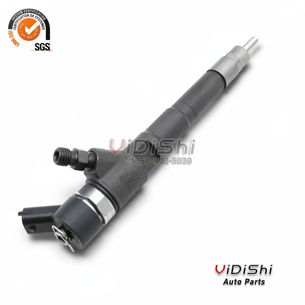 0986435227 Common Rail Injector for Fiat Ducato Iveco 2.3 Multijet 3 0986435227 injector resting at a 45 degree angle with nozzle tip and connector in view
