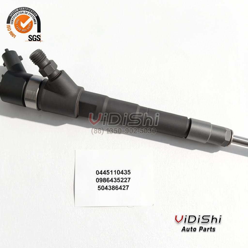 All Products 7 0986435227 injector beside a part number label reading 0445110435, 0986435227 and 504386427