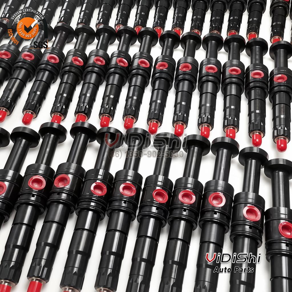 All Products 9 Rows of 323X1003-1 fuel injectors laid out in a stock array, black bodies with red capped ports
