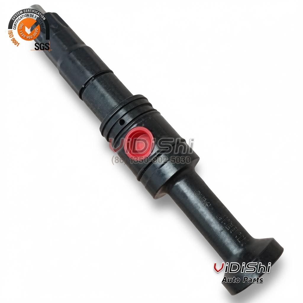 A 323X1003-1 locomotive fuel injector laid out full length, black body with stamped characters along the lower shaft