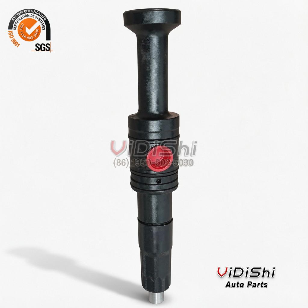 323X1003-1 Fuel Injector for GE GEVO 12 Locomotive 3 A 323X1003-1 fuel injector standing upright, flared base cap on top, red body port in the middle, steel nozzle tip below
